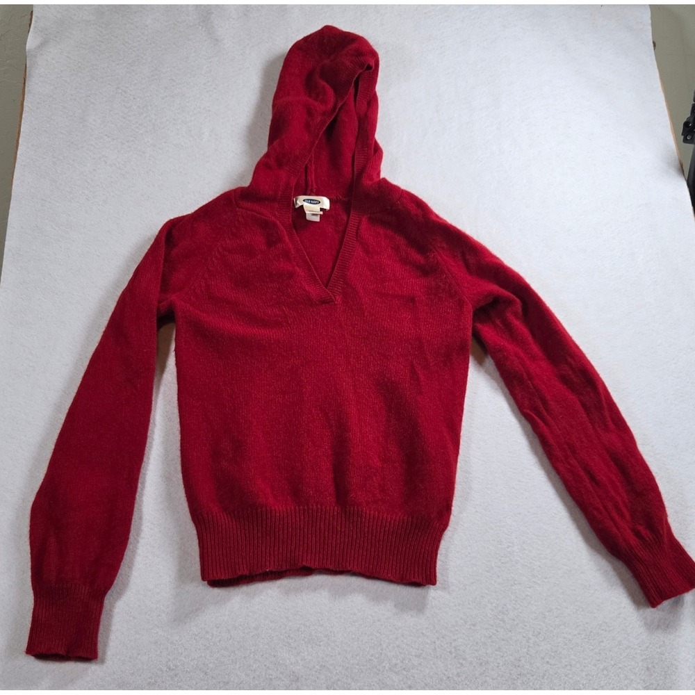 Old Navy Vintage Y2K 2003 100% Lambswool Hooded V-Neck Sweater Small Red